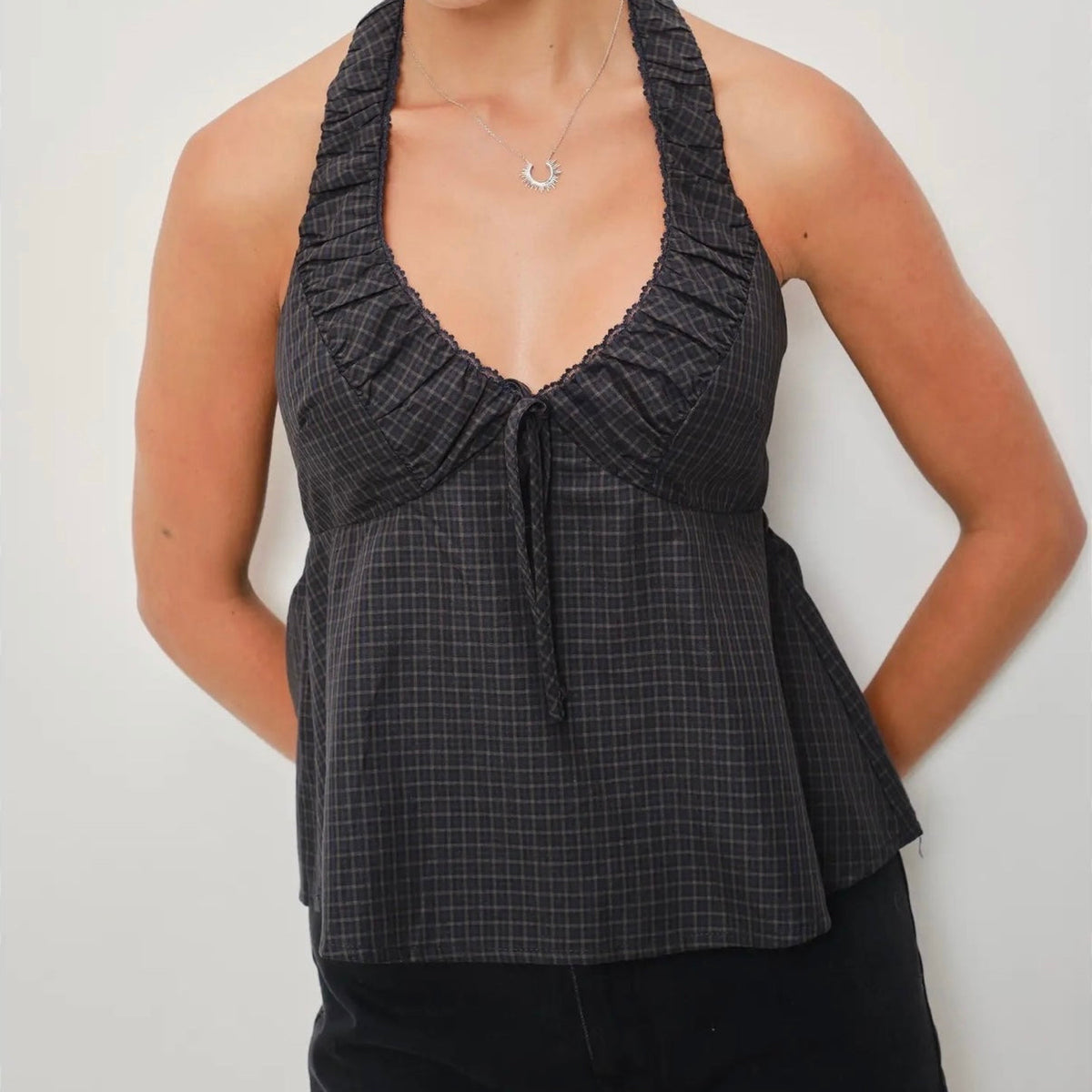 SLOANE GINGHAM NAVY HALTER TOP