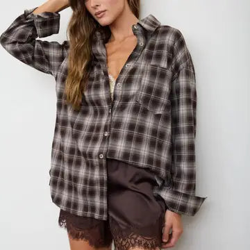 MOCHA PLAID BUTTON UP