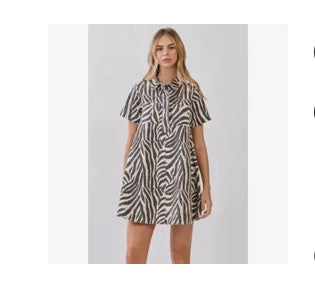 Zebra Print Button Down Collared Dress